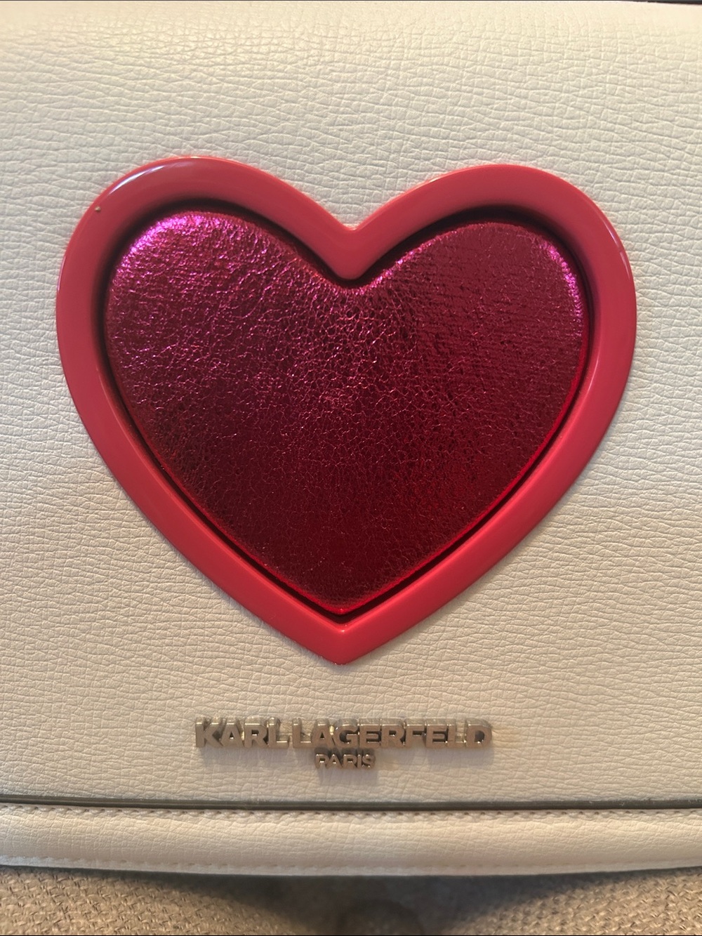 KARL LAGERFELD PARIS Simone Heart Flap Leather Bag - White/Cactus Pink Crossbody - Picture 7 of 11